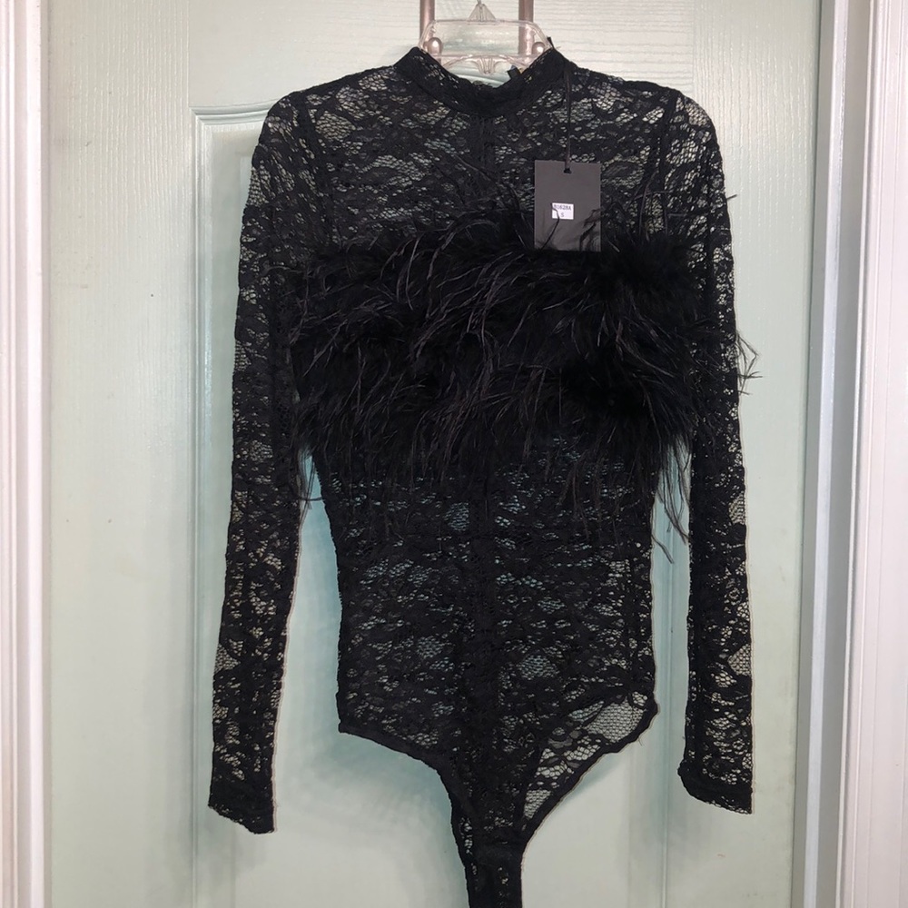 Black lace thong bodysuit feathered detail